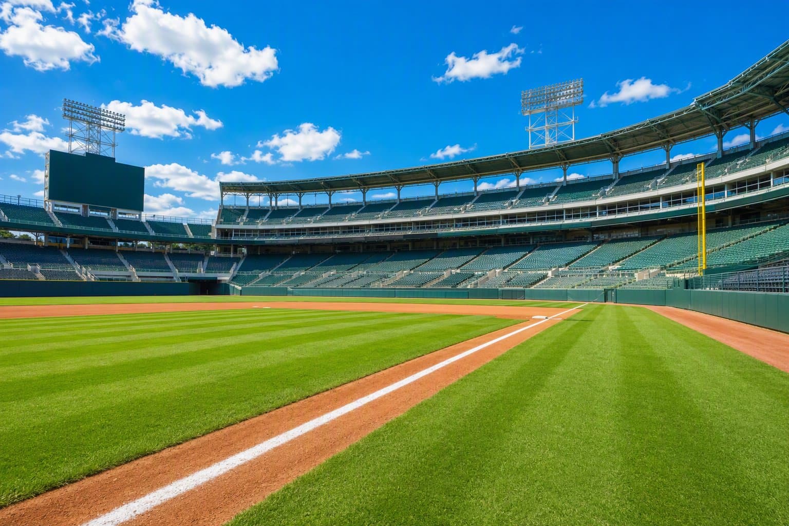 Empty sunlit baseball stadium - illustration, Jake Team LLC