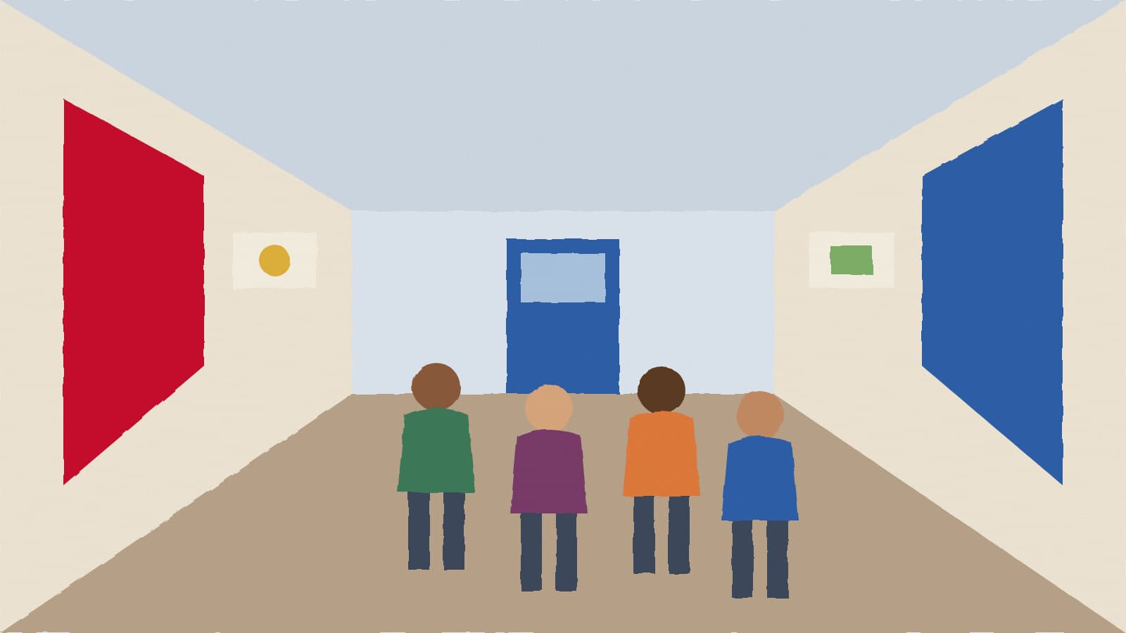 Group touring a school hallway - illustration, Jake Team LLC