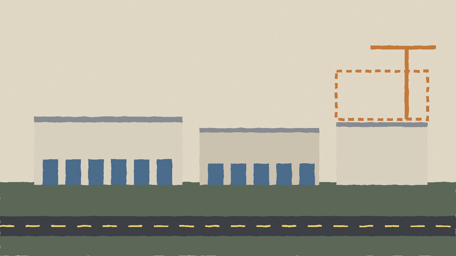 Industrial buildings beside highway - illustration, Jake Team LLC