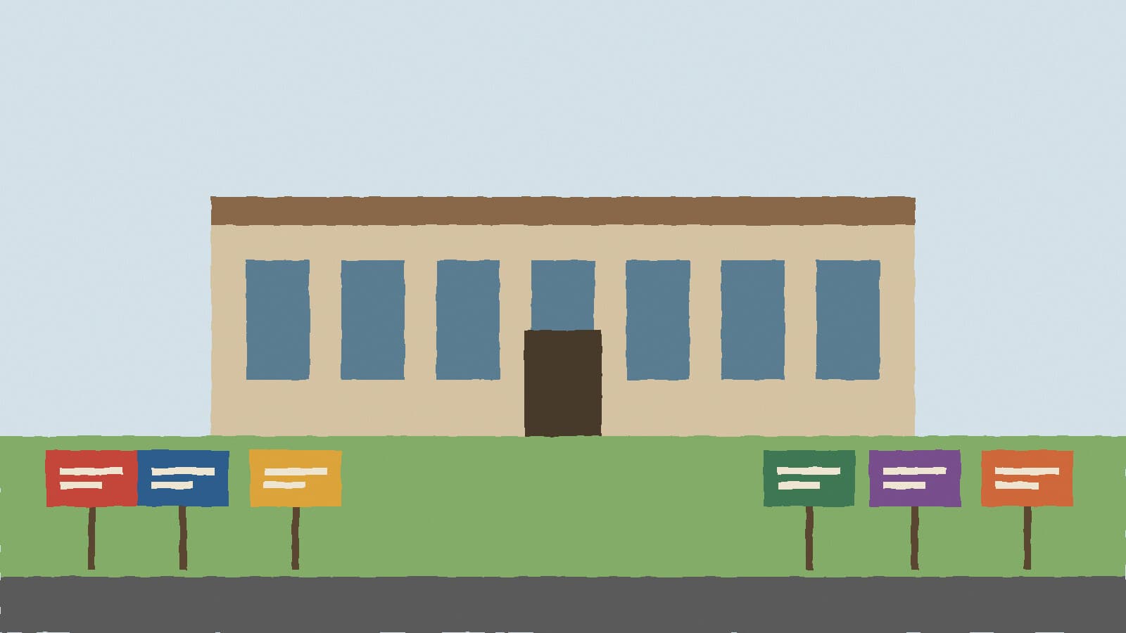 Yard signs on library lawn - illustration, Jake Team LLC