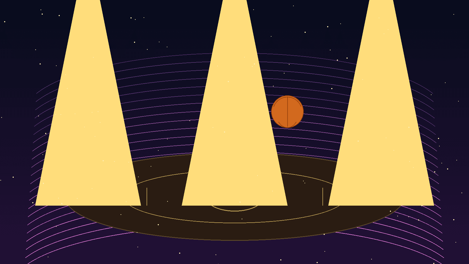 Symbolic illustration of a basketball suspended above a lit arena court under spotlights, no athletes or logos